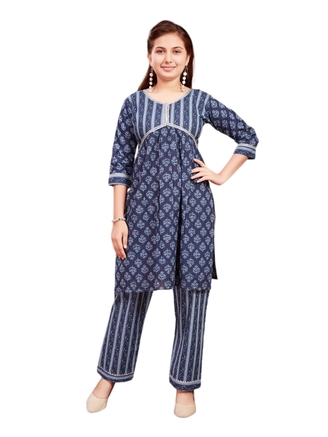 Aarika Girls Ethnic Wear Navy Blue Colour Floral Print Cotton Kurti Pant Set (8-16 Years)