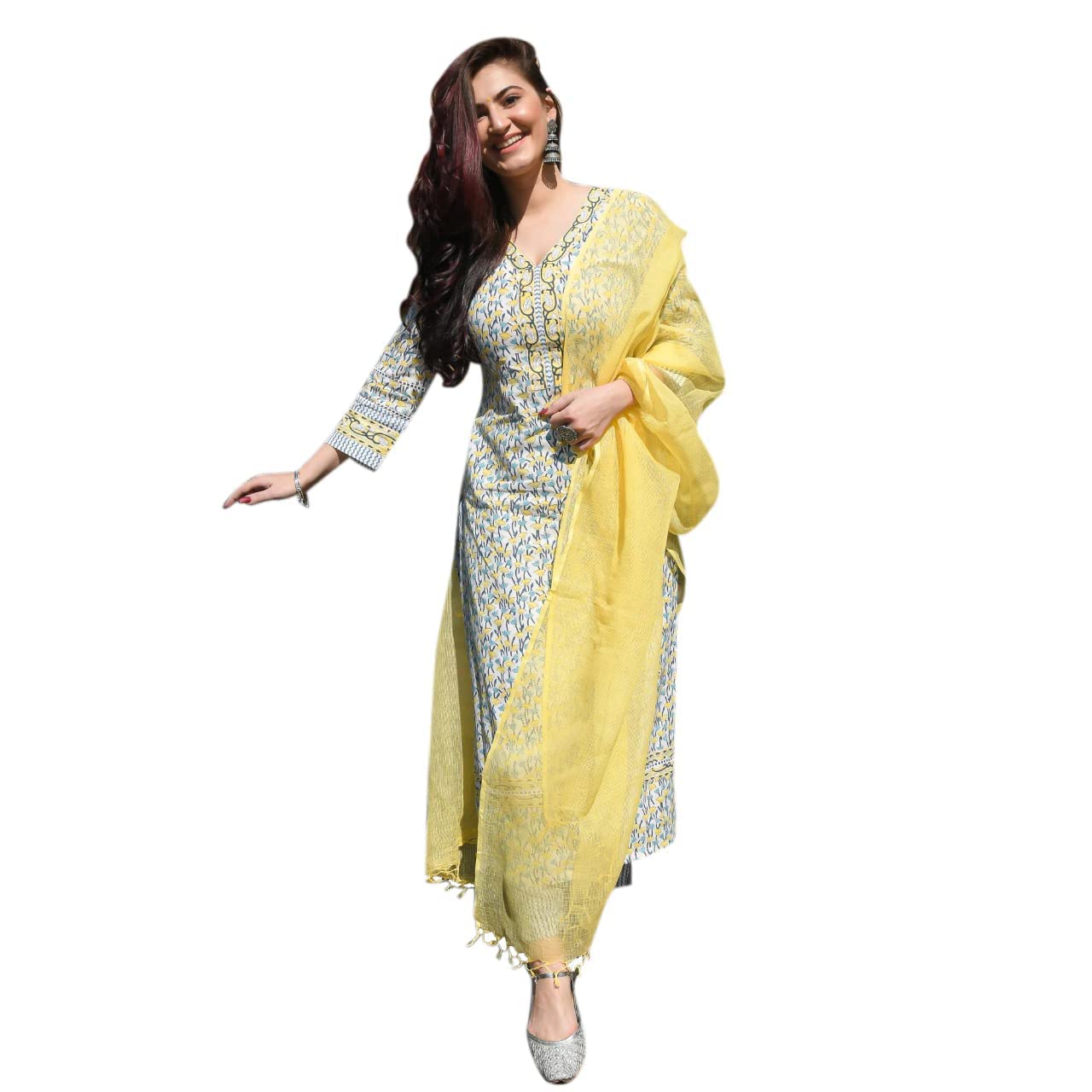 Gosriki Women'S Cotton Blend Straight Kurta With Pant & Dupatta (Murhar-Yellow_Xxl_New-Go_Yellow_Xx-Large)