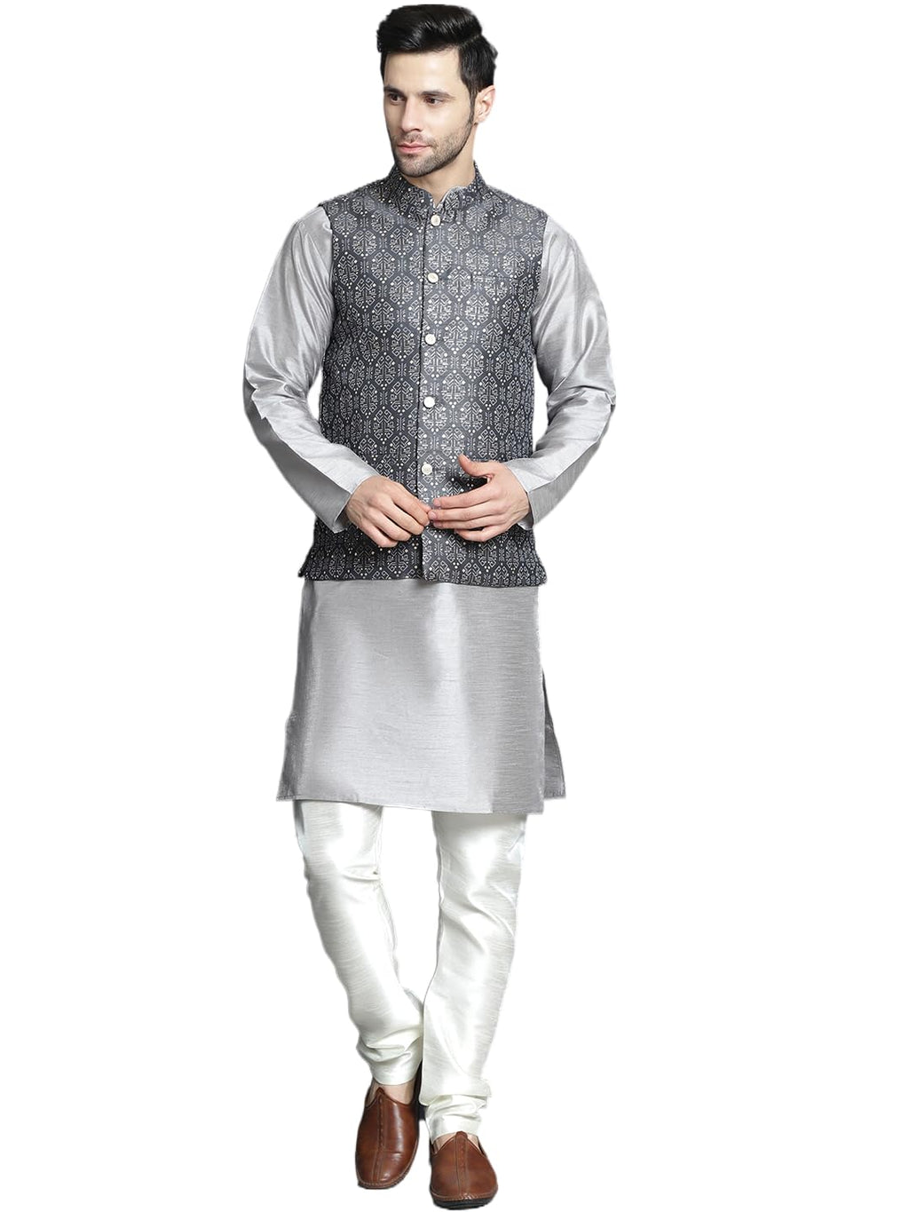 Jompers Mens Printed Nehru Jacket With Kurta Pyjama Set