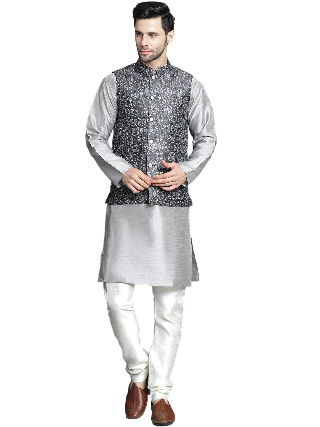 Jompers Mens Printed Nehru Jacket With Kurta Pyjama Set