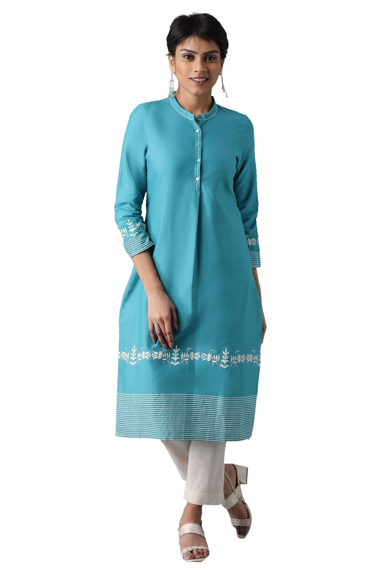 W Women Teal Floral Print Cotton Straight Kurta_24Few13227-113684_3Xl
