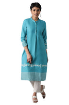 W Teal Floral Printed Cotton Blend Regular Kurta For Women