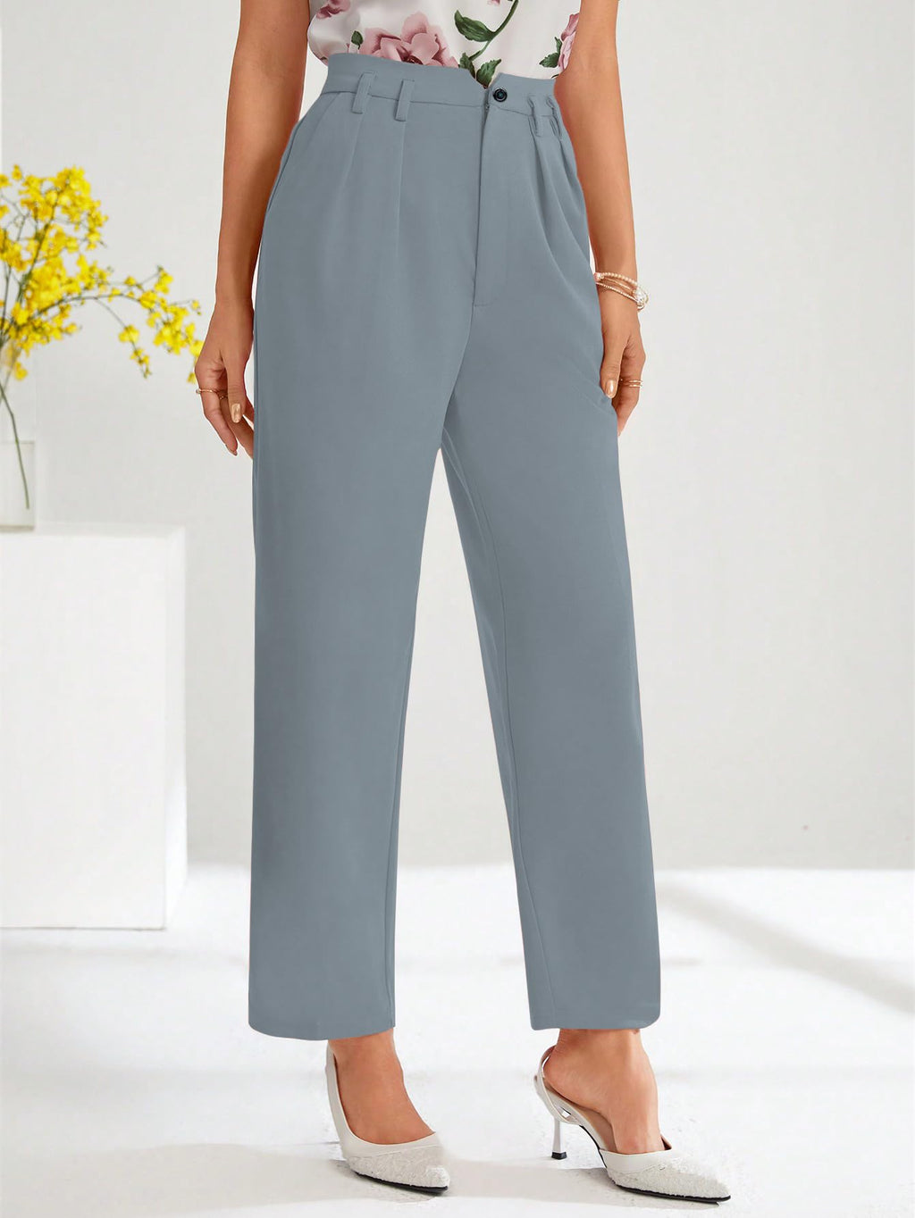 Shasmi Womens Sky Blue High Waist Pleated Straight Leg Trousers  Elegant Solid Color Work Pants with Pockets, Casual Office Wear