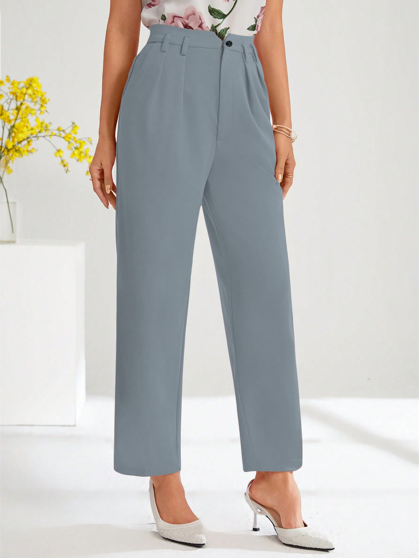 Shasmi Womens Sky Blue High Waist Pleated Straight Leg Trousers  Elegant Solid Color Work Pants with Pockets, Casual Office Wear