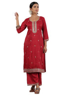 Ishin WomenS Fuchsia Zari Work Ethnic Motifs Poly Silk Straight Kurta