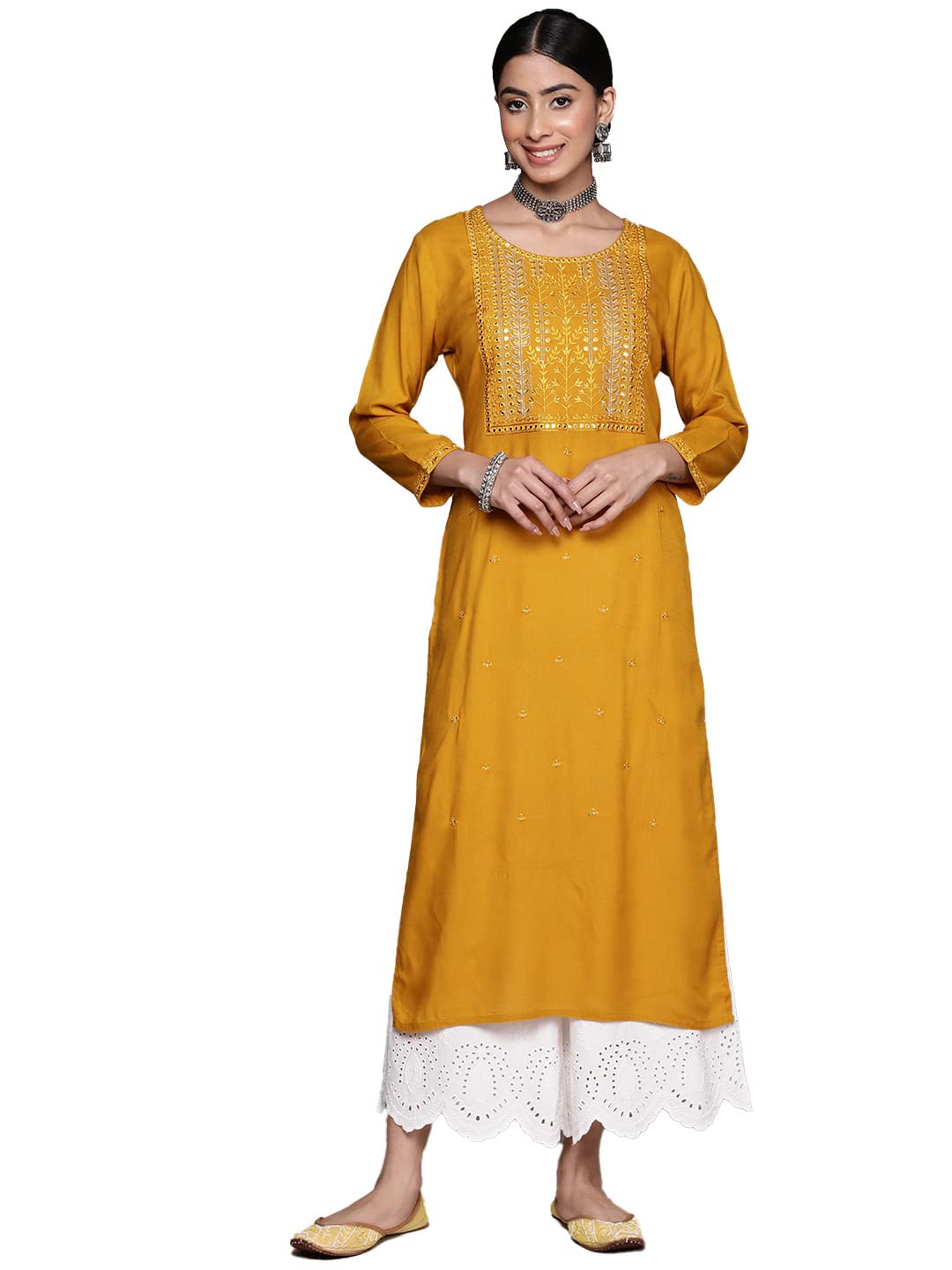Ishin Women'S Mustard Embellished Straight Kurta