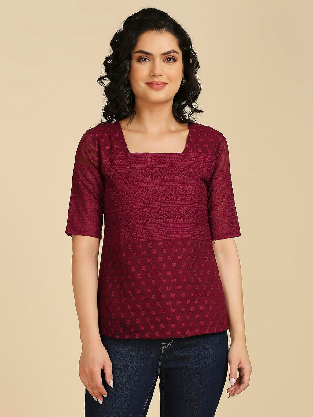 Gufrina WomenS Georgette Top With 3/4Th Sleeves Square Neck Embroidery Work Solid Pattern Regular Fit And Standard Length