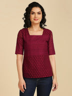 Gufrina WomenS Georgette Top With 3/4Th Sleeves Square Neck Embroidery Work Solid Pattern Regular Fit And Standard Length