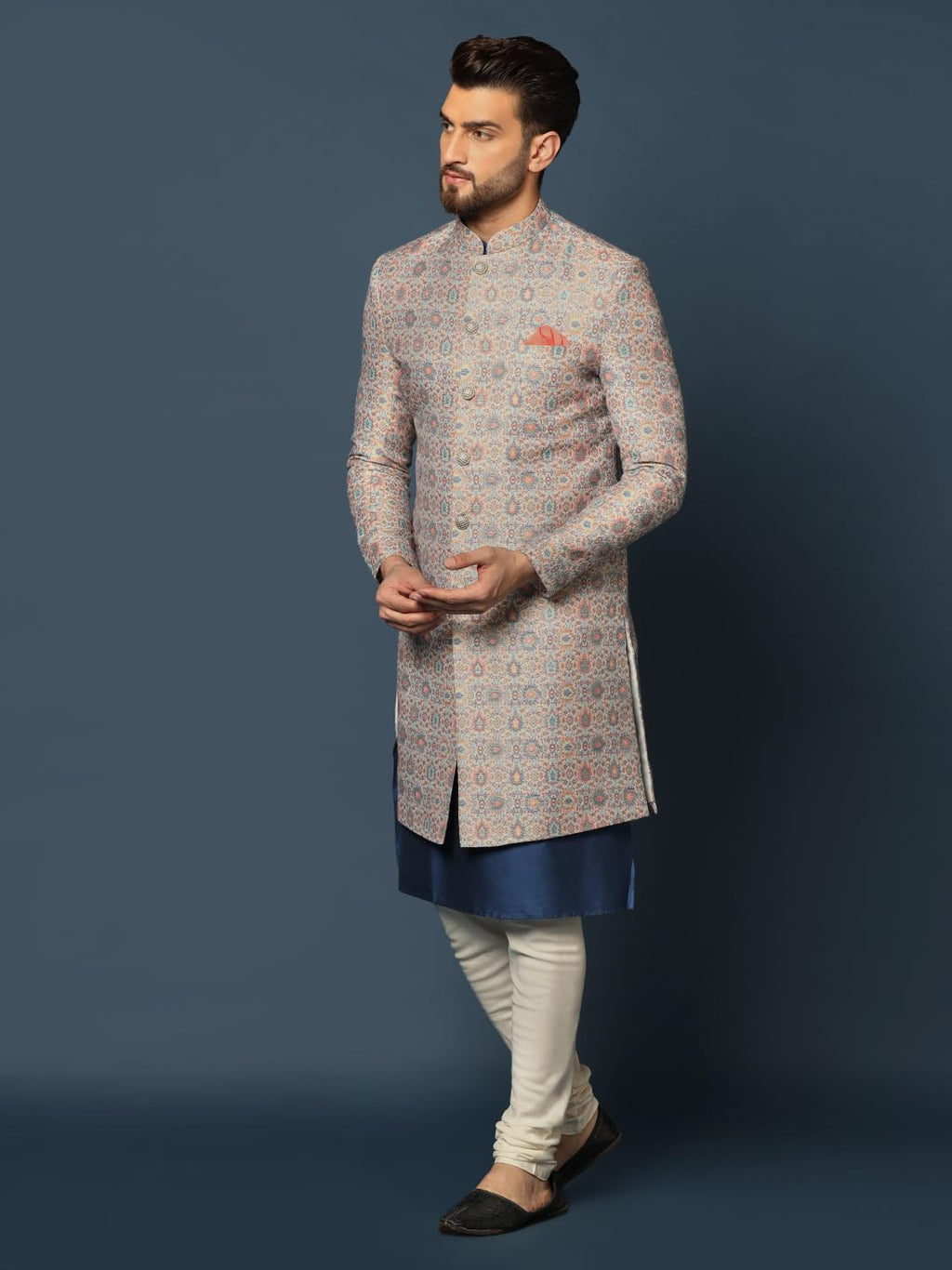 Kisah MenS Grey And Blue Indo-Western Kurta Sherwani Churidar Set Cotton Full Sleaves, Knee Length, Straight, Regular Fit, Mand