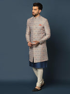 Kisah MenS Grey And Blue Indo-Western Kurta Sherwani Churidar Set Cotton Full Sleaves, Knee Length, Straight, Regular Fit, Mand