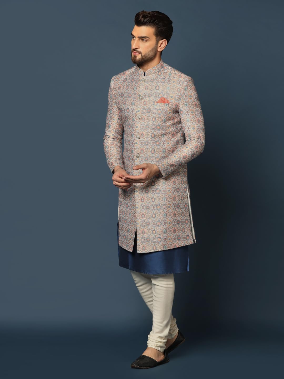 Kisah MenS Grey And Blue Indo-Western Kurta Sherwani Churidar Set Cotton Full Sleaves, Knee Length, Straight, Regular Fit, Mand