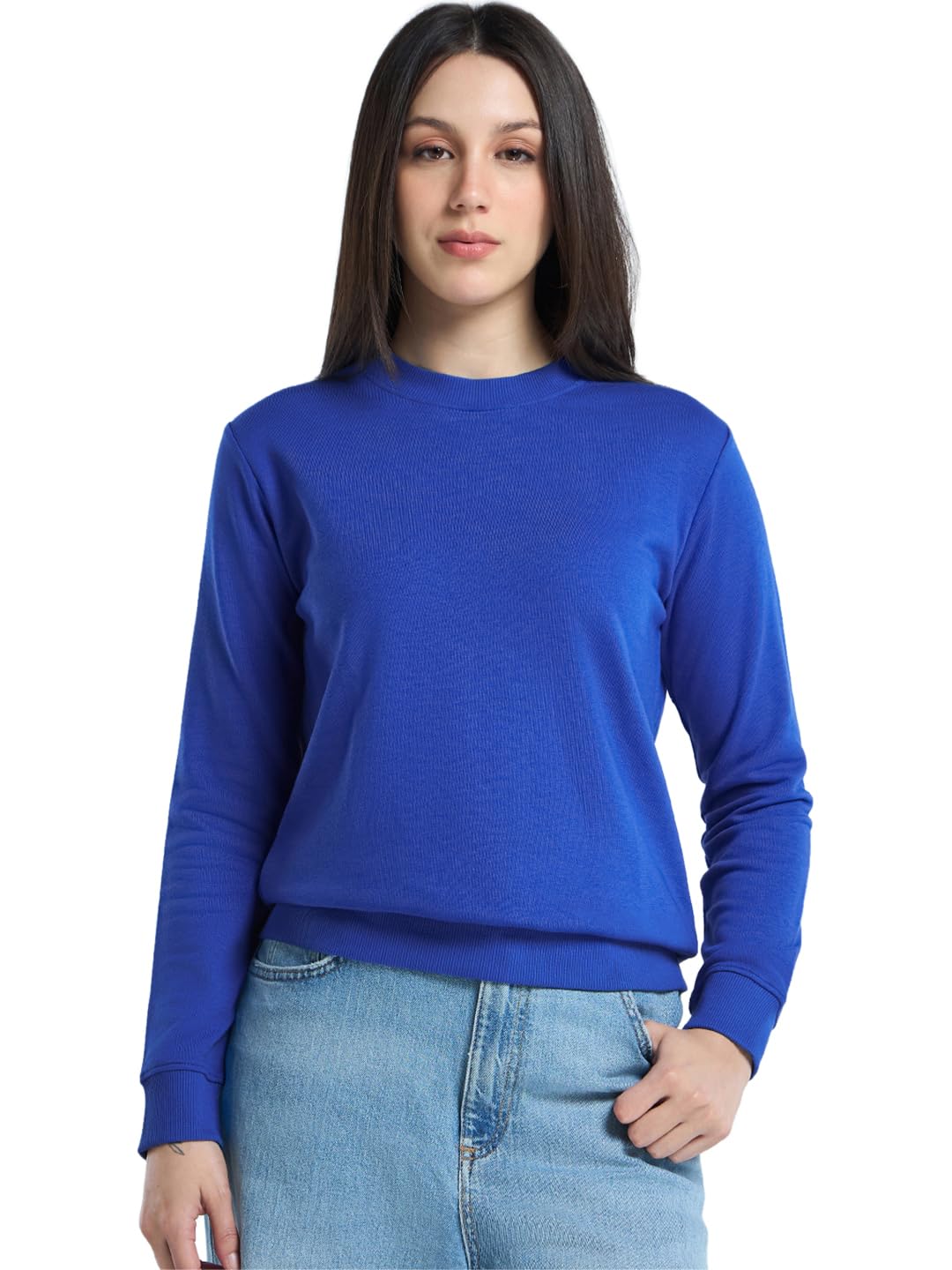 Bewakoof WomenS Solid Regular Fit Full Sleeve Round Neck Polycotton Sweatshirt_640979_Blue_2Xl