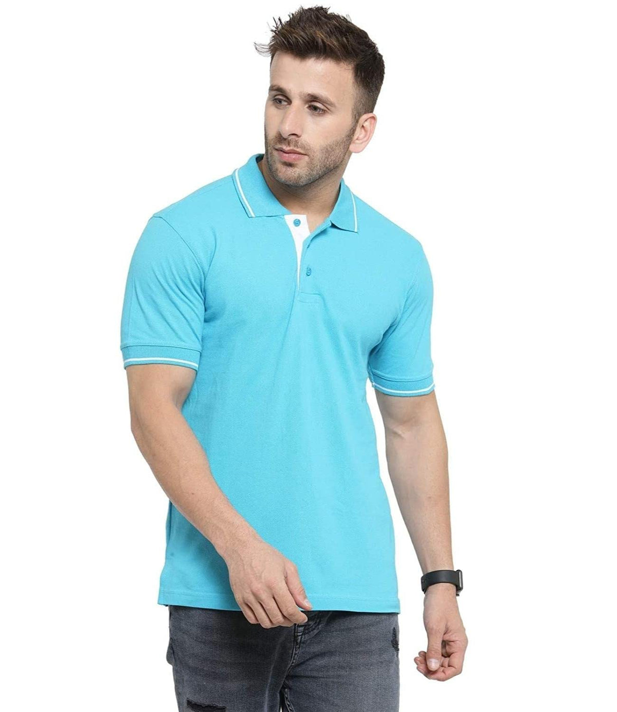 Scott International Mens Regular Fit Organic Cotton Polo TShirt (Electric Blue with White, 2XL) 2
