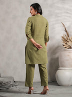 Anubhutee Women'S Pure Cotton Solid Olive Kurta Suit Set With Trousers