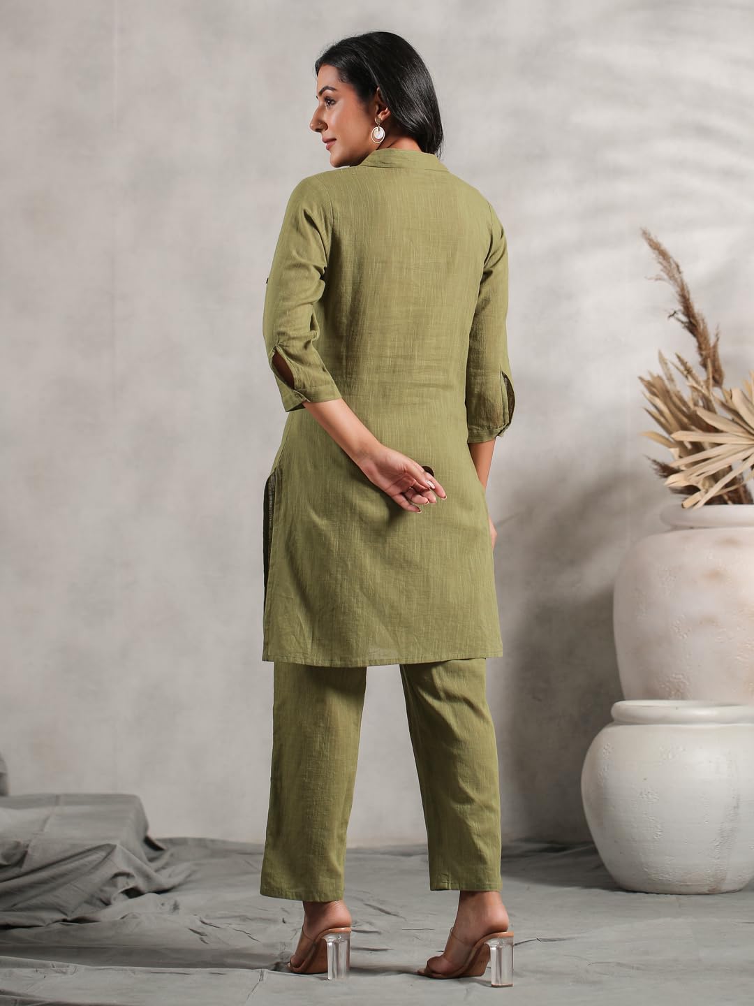 Anubhutee Women'S Pure Cotton Solid Olive Kurta Suit Set With Trousers