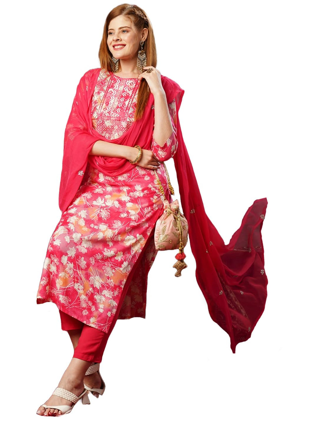 ANNI DESIGNER Womens Cotton Blend Printed Straight Kurta with Pant & Dupatta (Bhadrusha Pink_XXL_Pink_XX-Large)