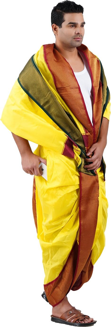 Prakasam Cotton Mens Asha Silk Panchakacham Ready To Wear Dhoti Towel Set With Pocket/Panchakacham Dhoti With Angavastram (Stitc