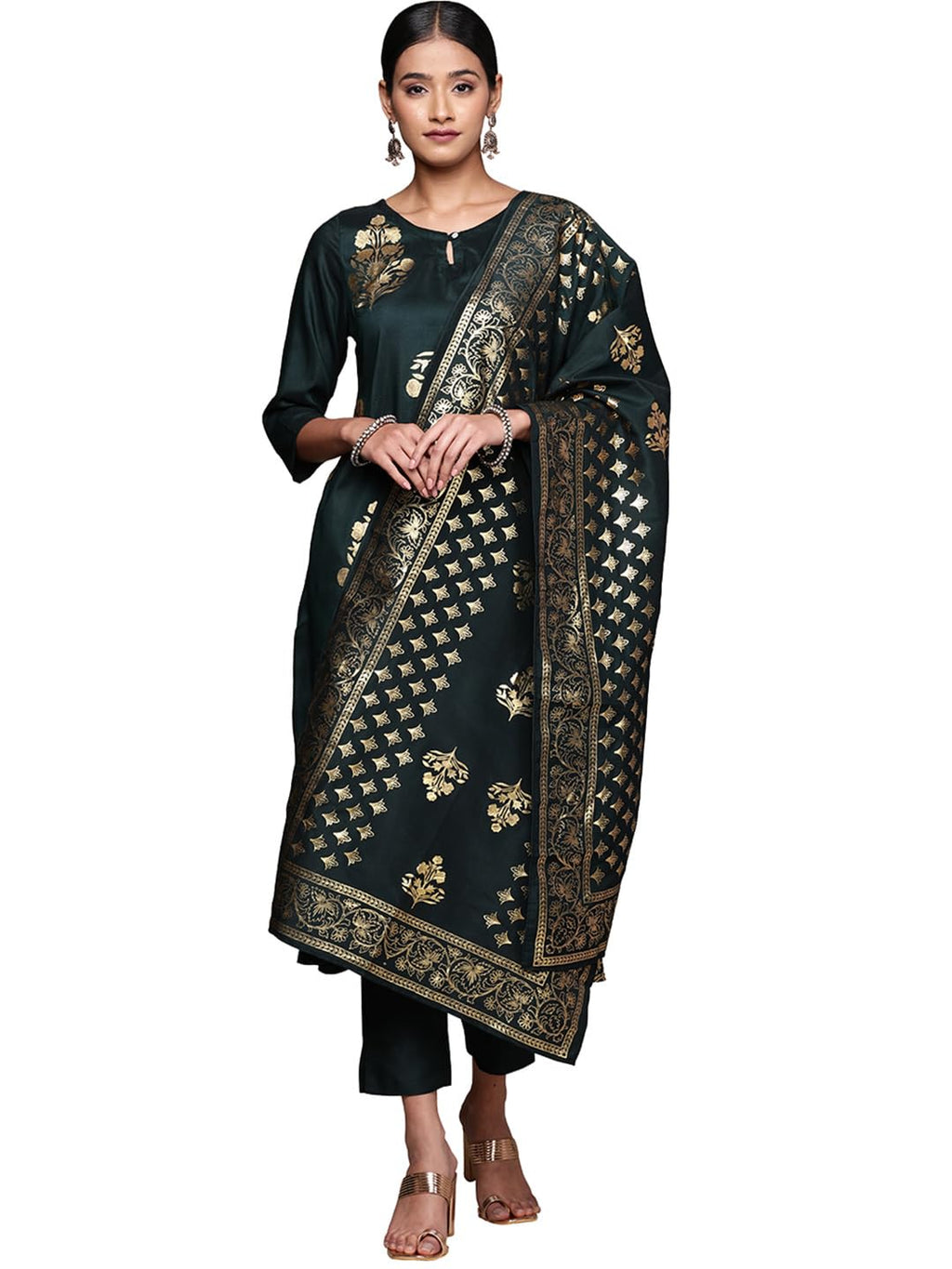 Ziyaa Women'S Bottle Green Chinon Kurta, Pant And Dupatta Set