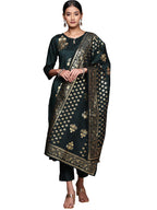 Ziyaa Women'S Bottle Green Chinon Kurta, Pant And Dupatta Set