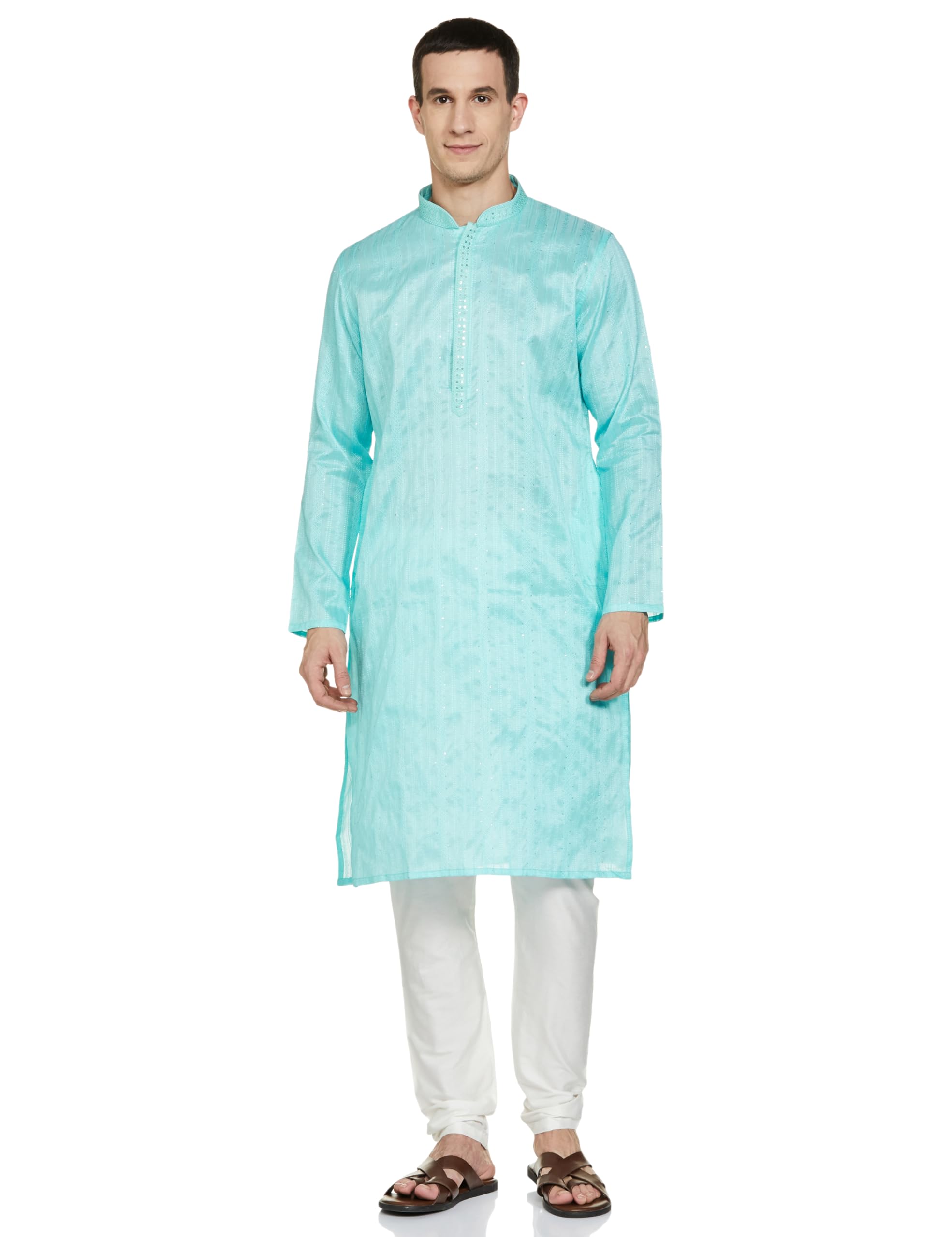 Manyavar Blue Art Silk Self Design Casual Kurta Set For Men