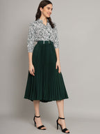 Kzully | Elegant A-Line Dress: Collared V-Neck Top, Pleated Skirt With Elastic Waist, Includes Belt Green
