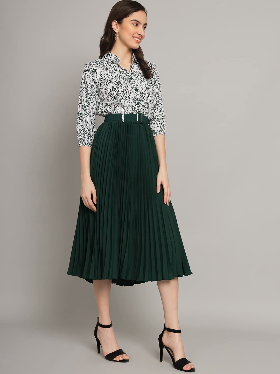Kzully | Elegant A-Line Dress: Collared V-Neck Top, Pleated Skirt With Elastic Waist, Includes Belt Green