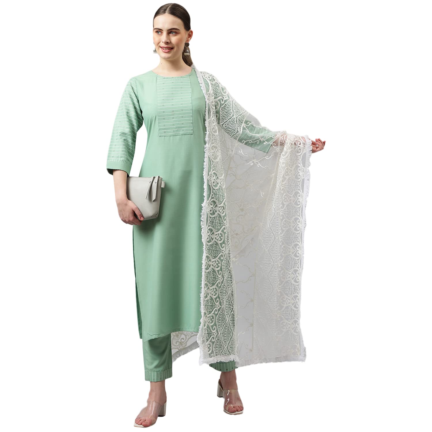 ANNI DESIGNER Women's Cotton Blend Straight Solid Kurta with Pant & Dupatta (Sundari Green_L_Green_Large)