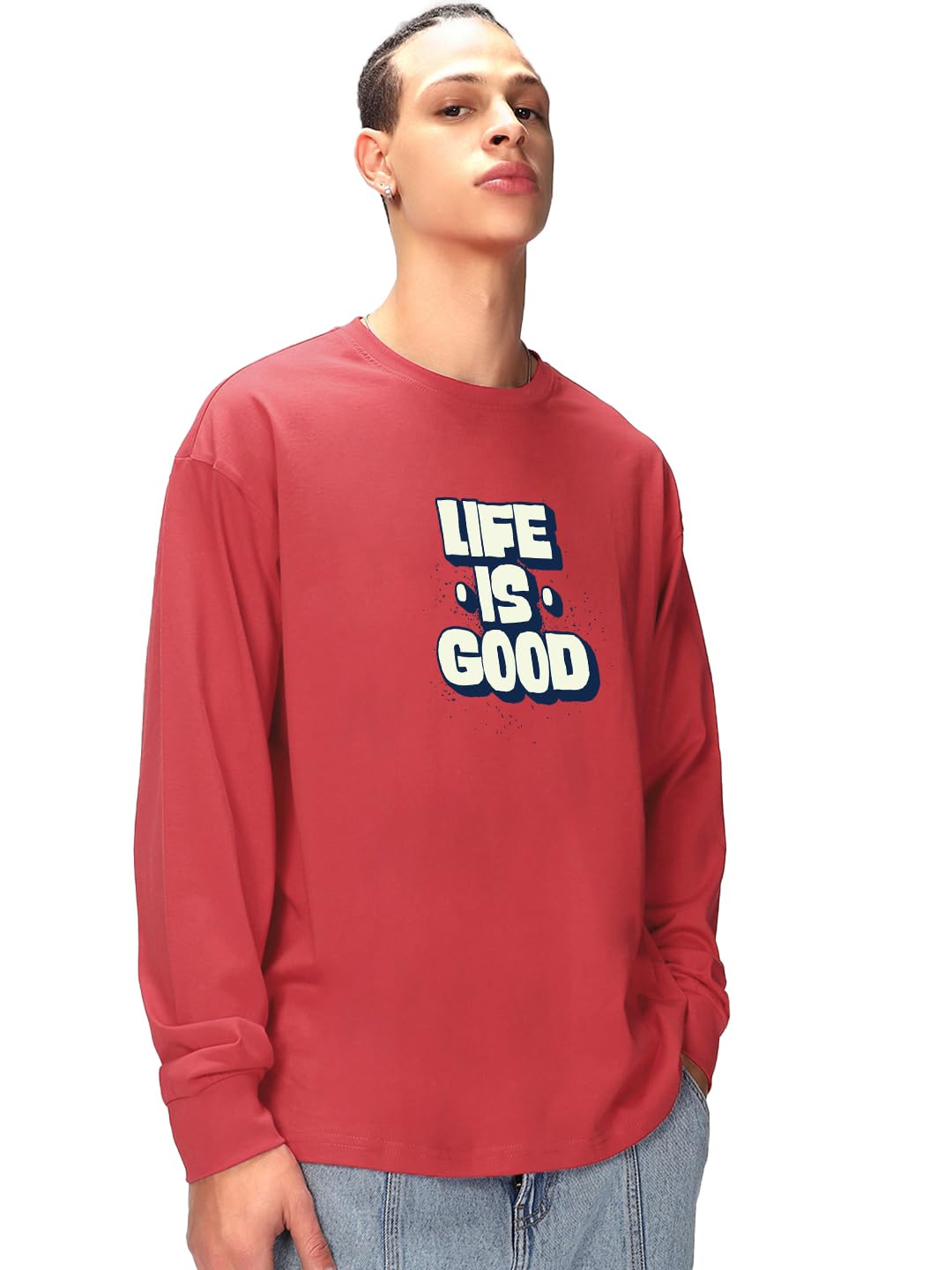 Bewakoof MenS Typography Oversized Fit Full Sleeve Round Neck Cotton T-Shirt_1500934_Red_M