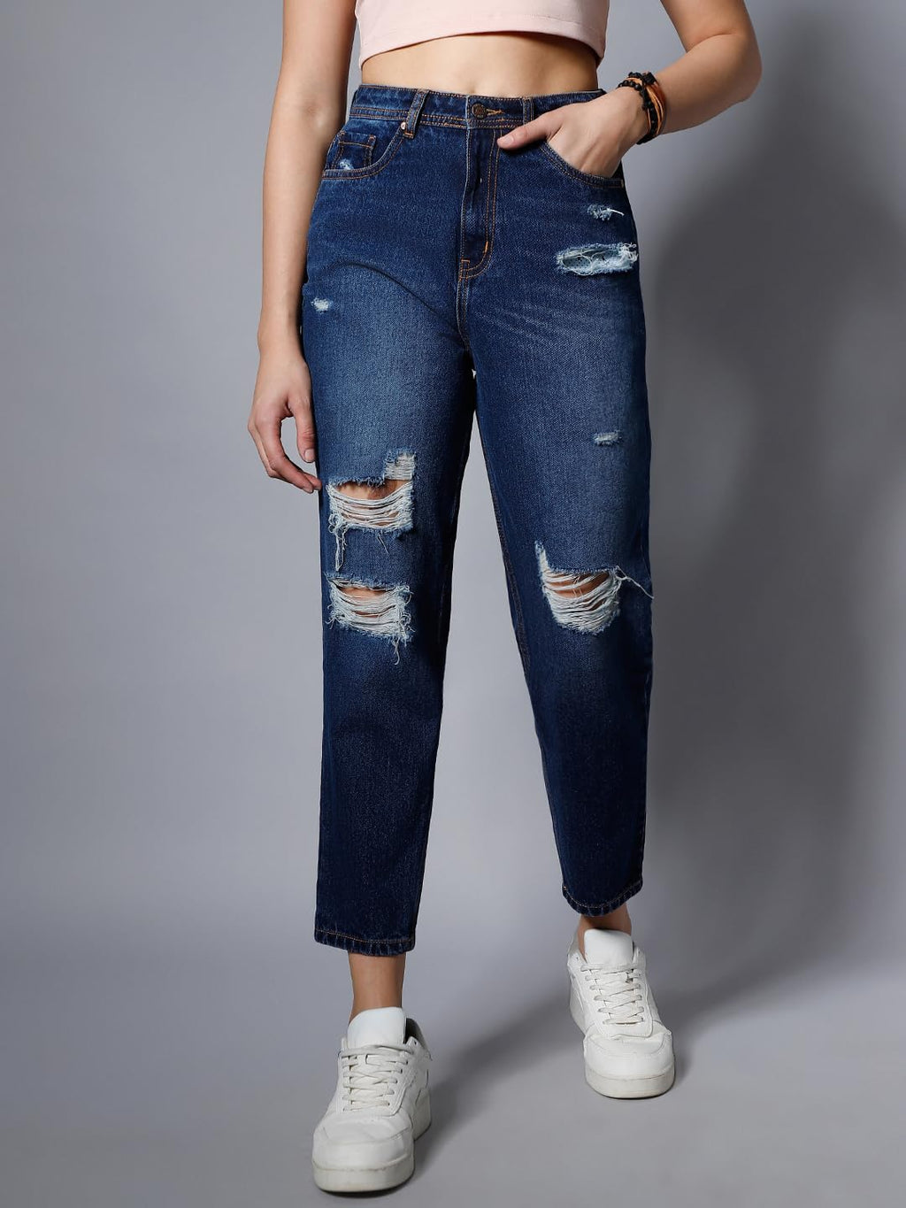 High Star Women Non Stretch Mom Fit High Distress Jeans (Blue, 34)