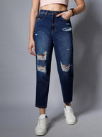 High Star Women Non Stretch Mom Fit High Distress Jeans (Blue, 34)