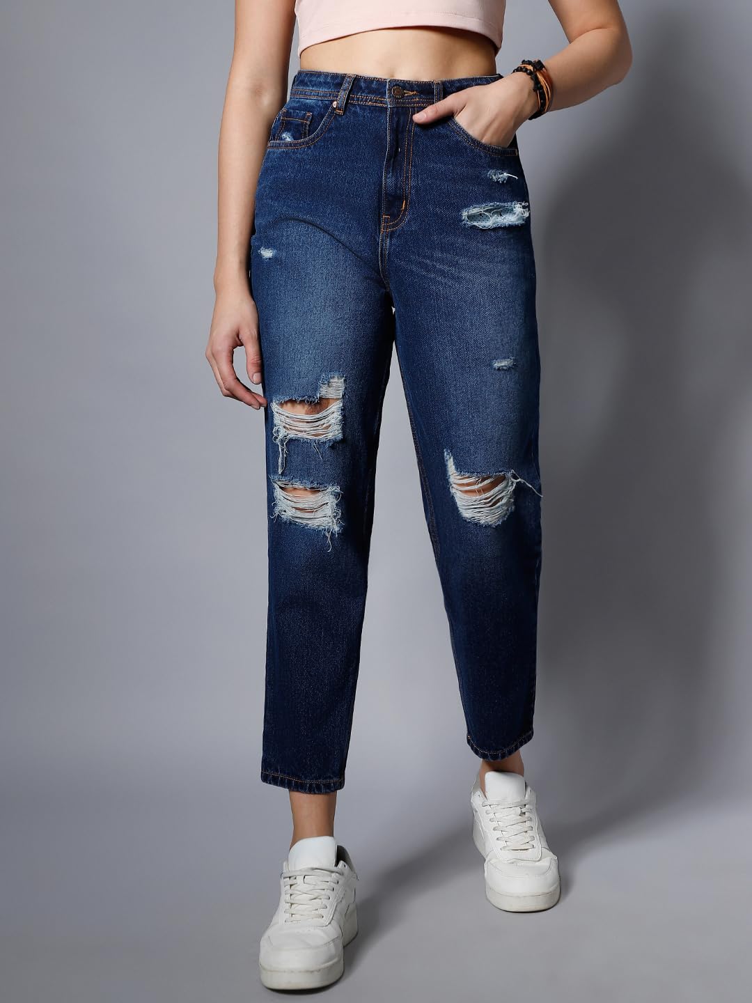High Star Women Non Stretch Mom Fit High Distress Jeans (Blue, 34)