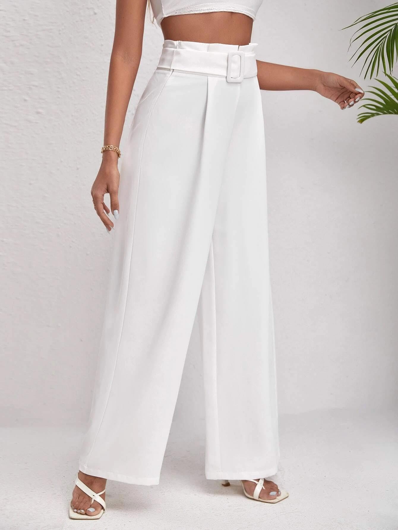 KOTTY Womens High Rise Viscose Rayon Relaxed Fit Korean Trousers Off White