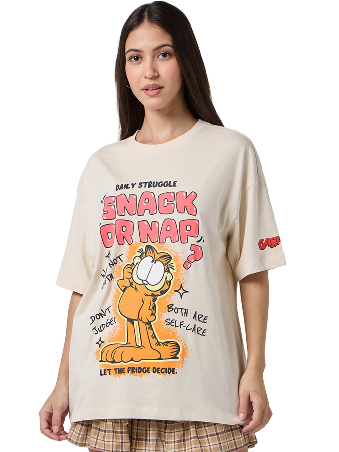 Bewakoof Official Garfield Merchandise Womens Graphic Print Oversized Fit Half Sleeve Round Neck Cotton T-Shirt_677570_Beige_XS
