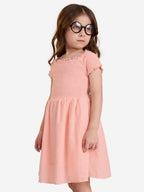 The Souled Store Solids: Fuzzy Peach Girls Square Neck Short Sleeves Knee Length Cotton Dresses