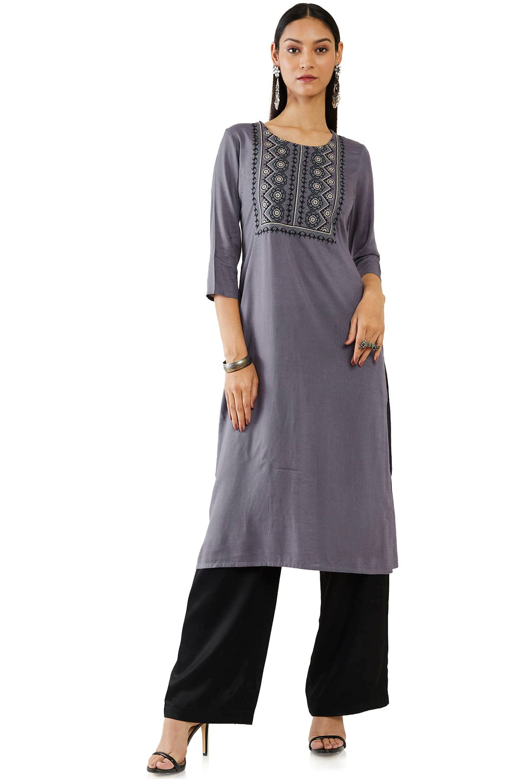 Soch Women Grey Rayon Embroidered Kurta(Grey_S)