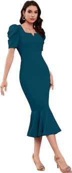 Satpurush WomenS Lycra Blend Sweet-Heart Neck Puff Sleeve Fit And Flared Calf Length Casual Bodycon Dress For Party, Office, Me
