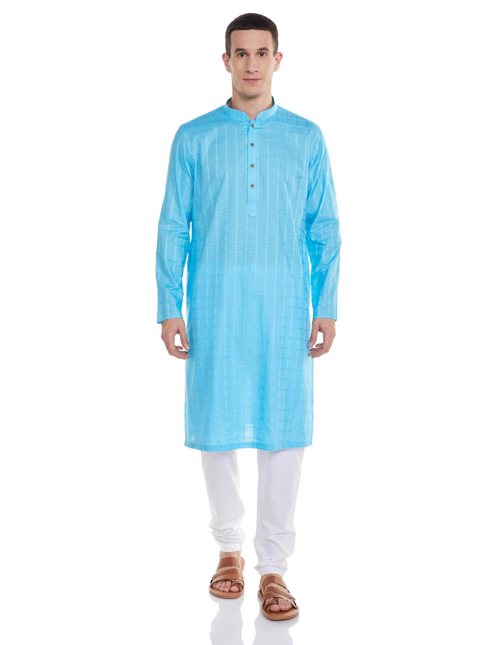 Manyavar Blue Cotton Self Design Casual Kurta Set With Mandarin Collar (Size : Xl)