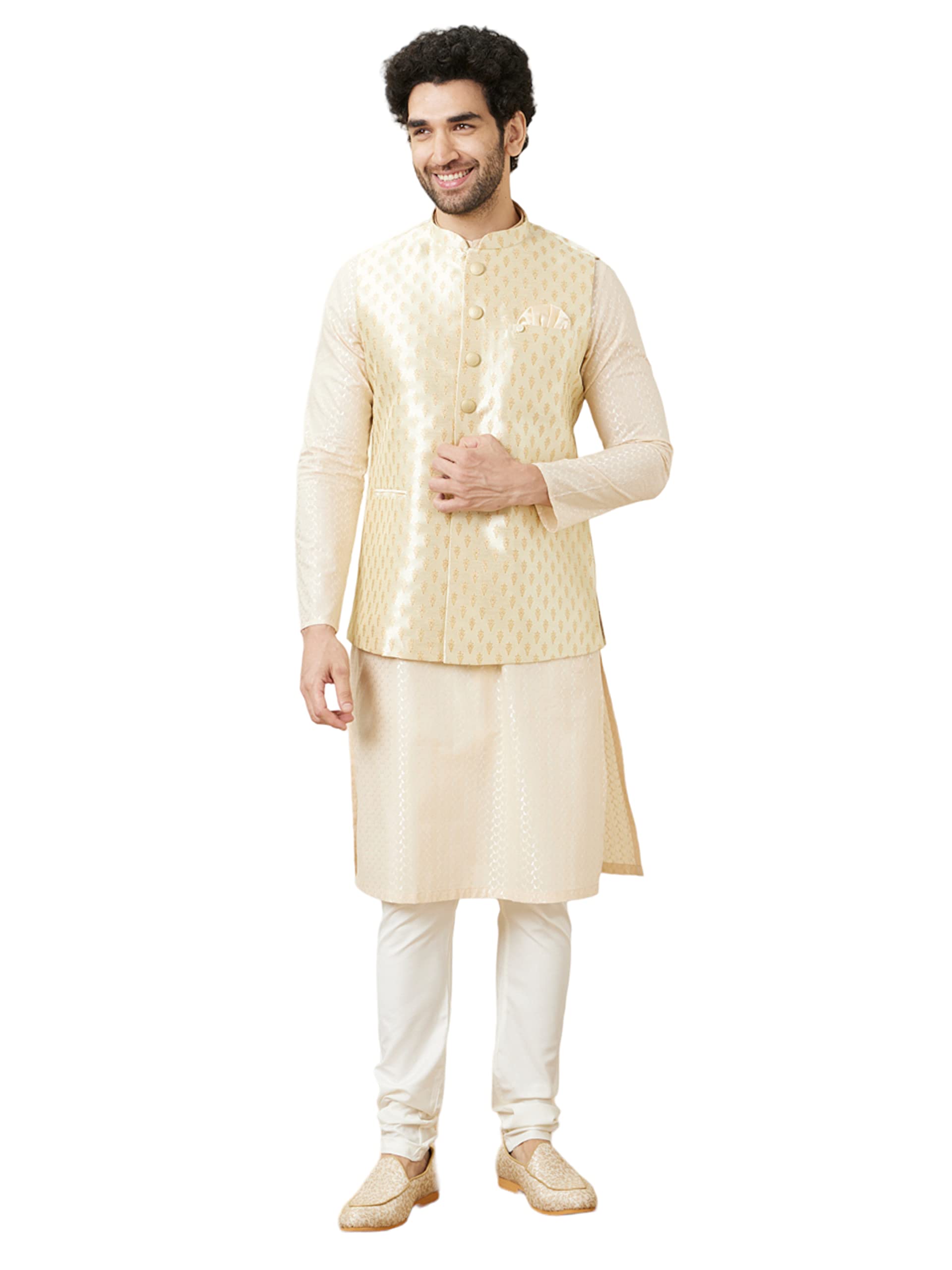 Manyavar MenS Art Silk Embroidered Sleeveless Mandarin Collar Traditional Jacket (Beige,Xl)