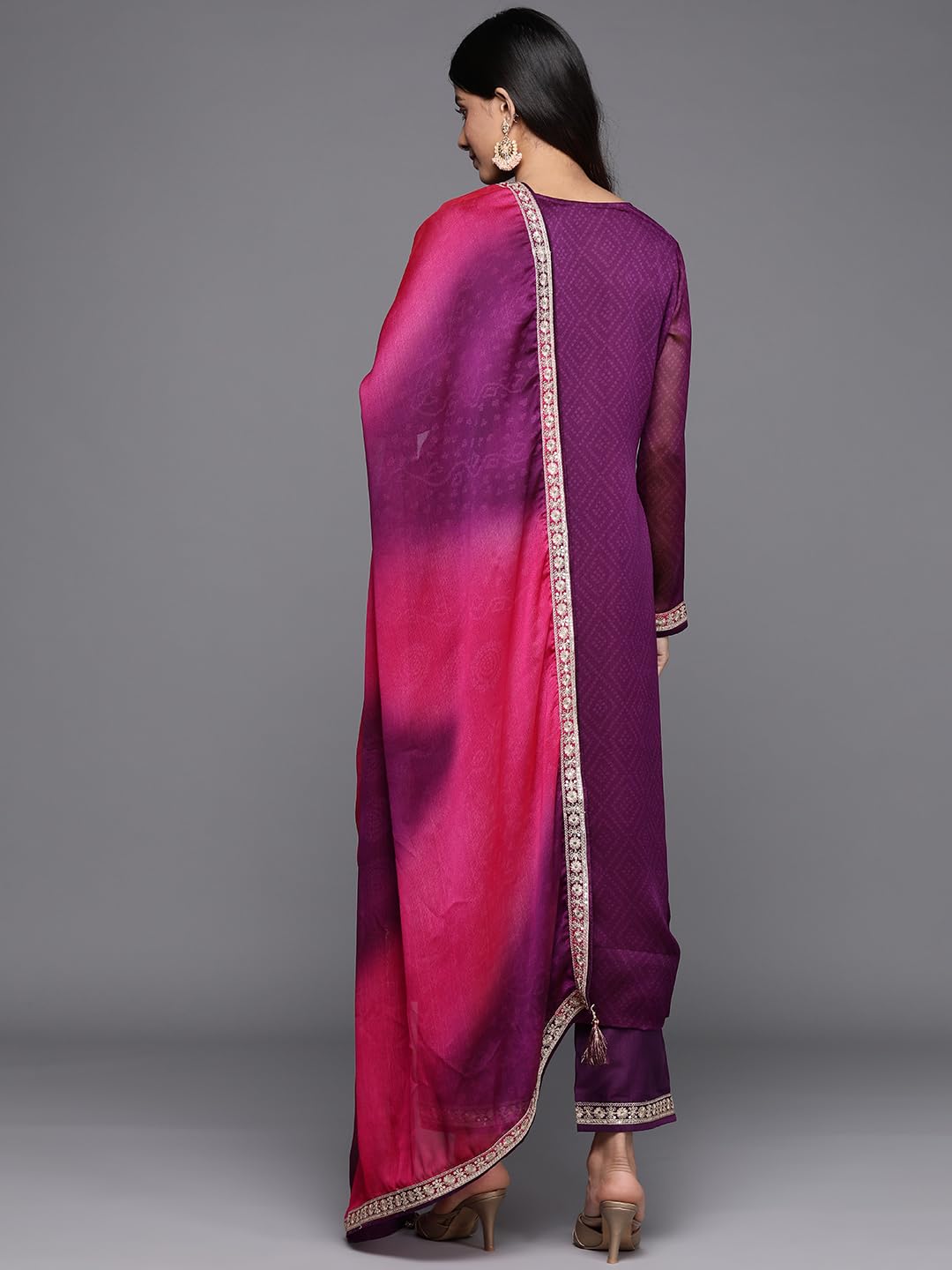 Libas Womens Printed Chiffon Straight Kurta With Trousers And Dupatta