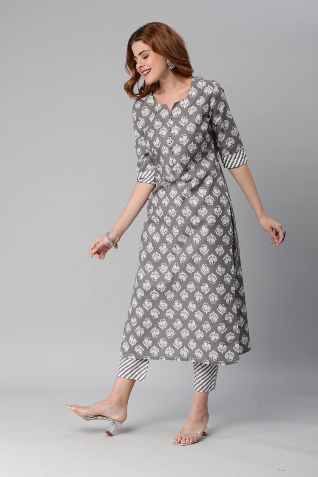 ANNI DESIGNER Womens Cotton Blend Printed Straight Kurta with Pant (Funnu Grey-Nw_XXL_Grey_XX-Large)