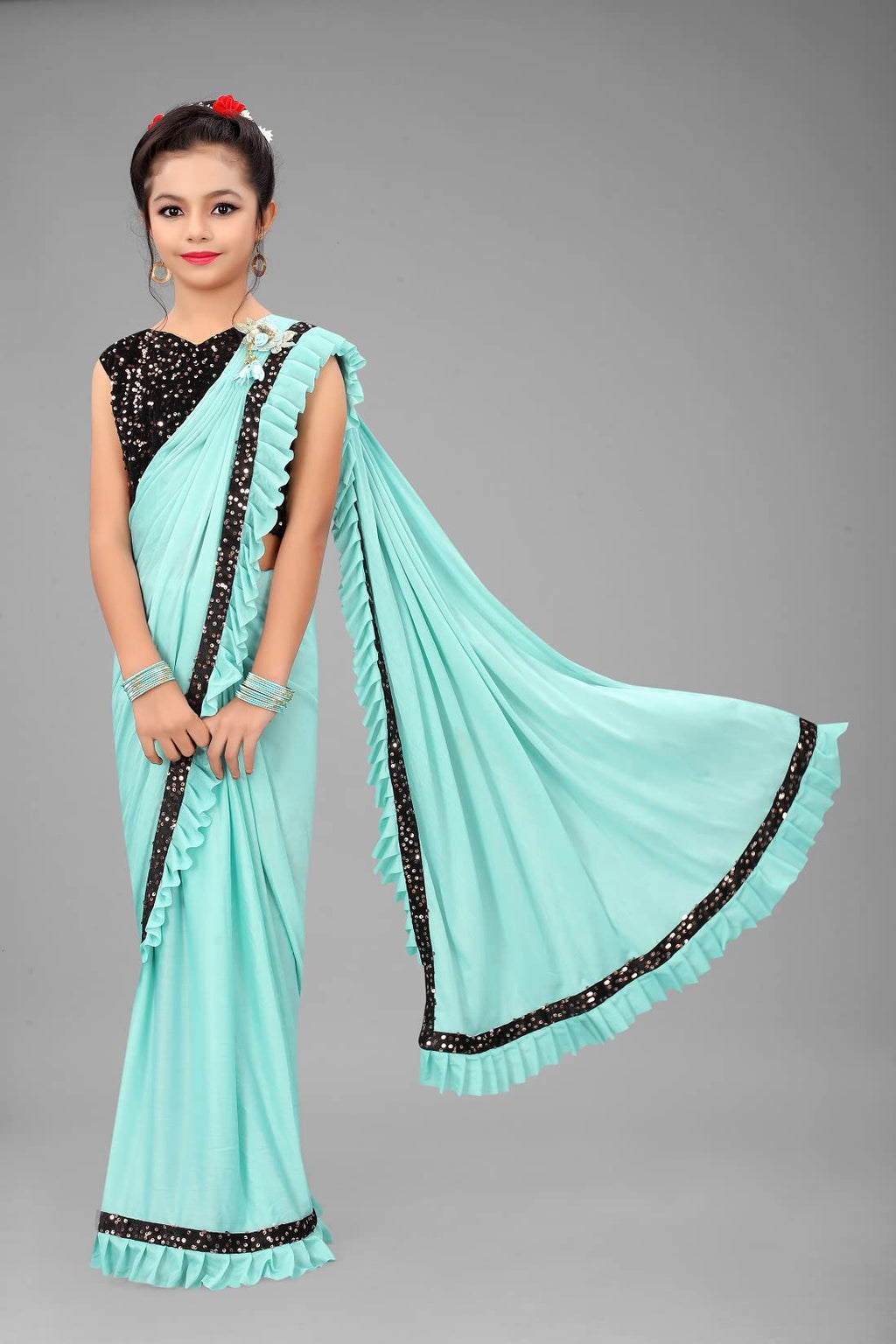 Dhyey Fashion Girls Lycra Blend Ruffle Pattern Saree With Velvet Unstitched Blouse Piece