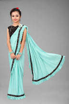 Dhyey Fashion Girls Lycra Blend Ruffle Pattern Saree With Velvet Unstitched Blouse Piece