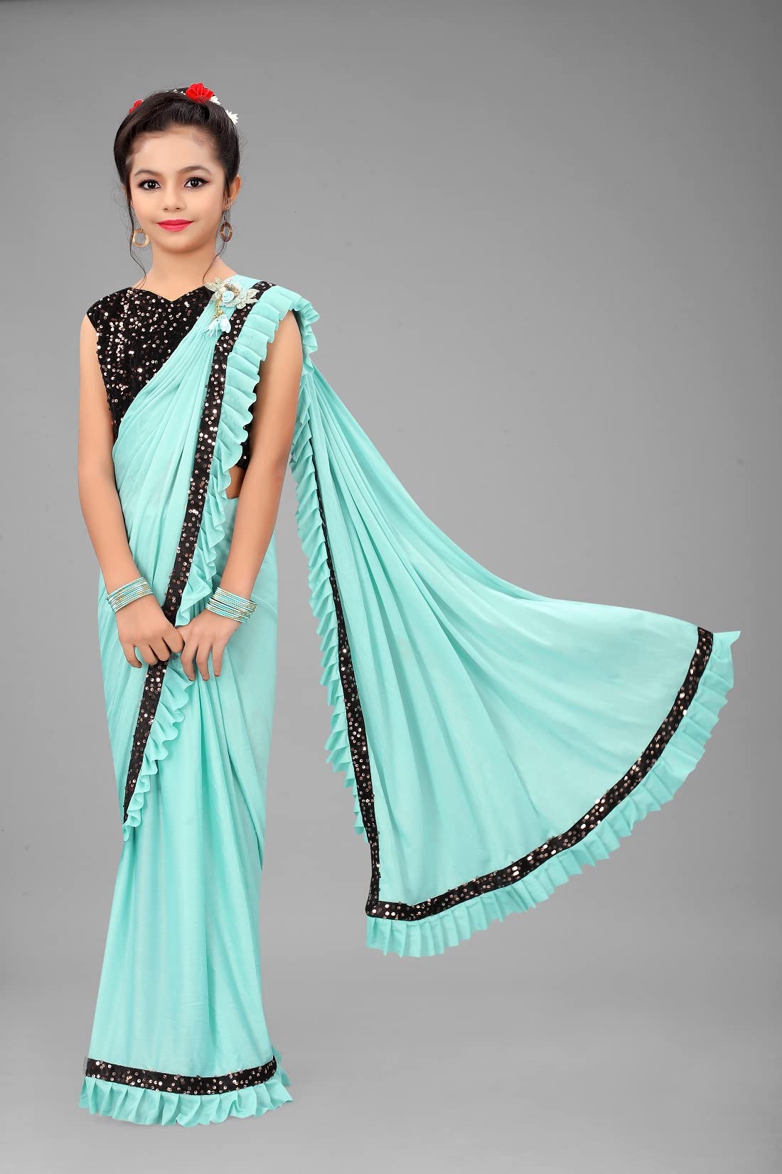 Dhyey Fashion Girls Lycra Blend Ruffle Pattern Saree With Velvet Unstitched Blouse Piece