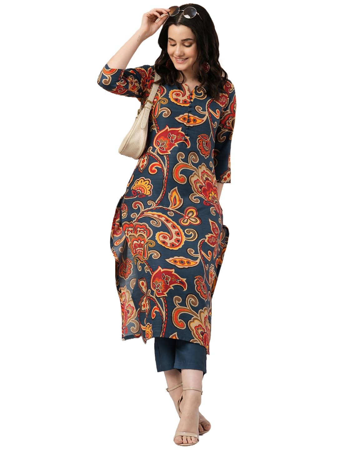ANNI DESIGNER Womens Cotton Blend Straight Fit Printed Kurta With Pant (Tinka Kerosin_M_Dark Blue_Medium)