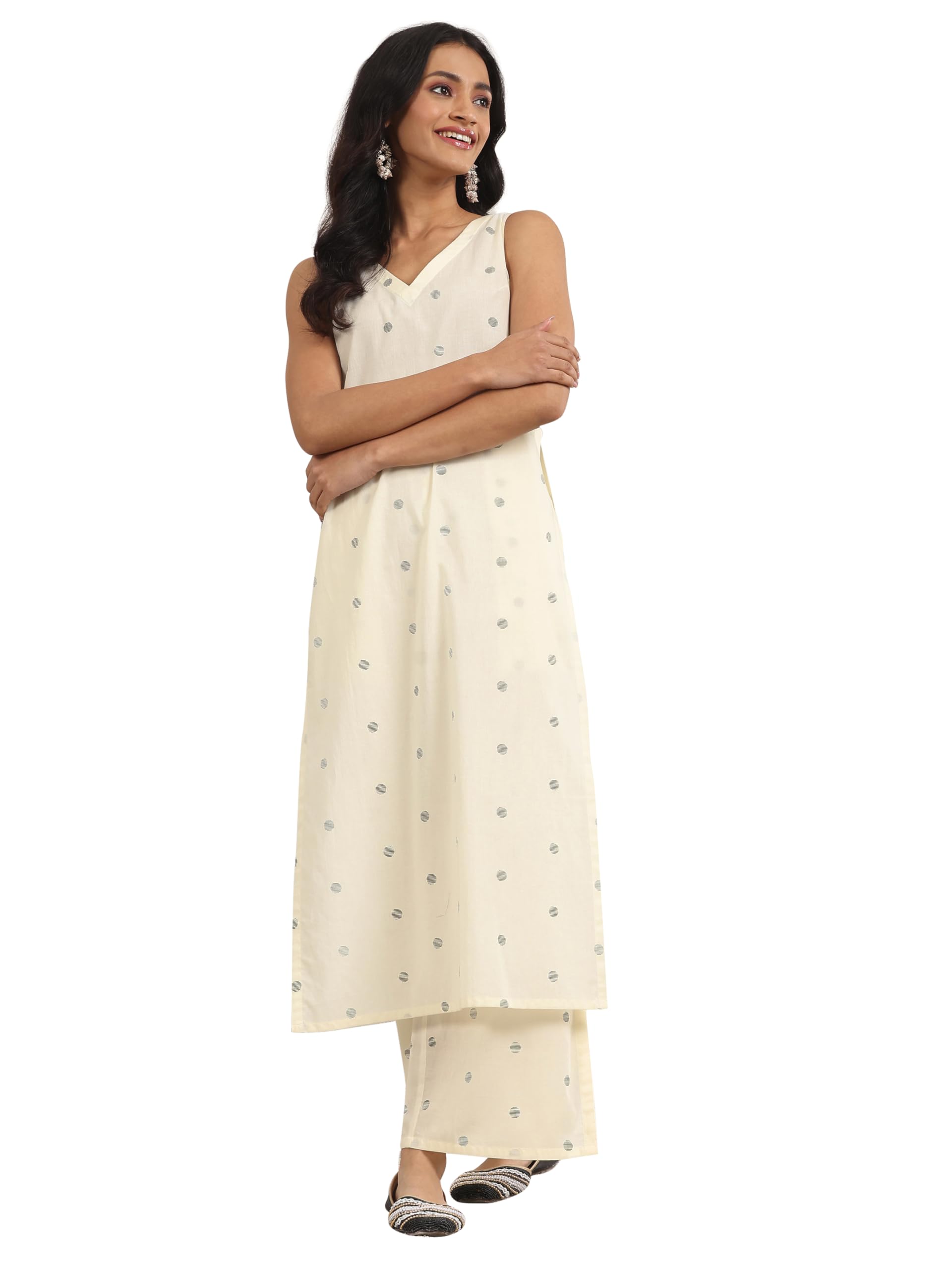 Libas Womens Cotton White Geometric Printed High-Slit Straight Kurta Set With Printed Palazzos, 2Xl