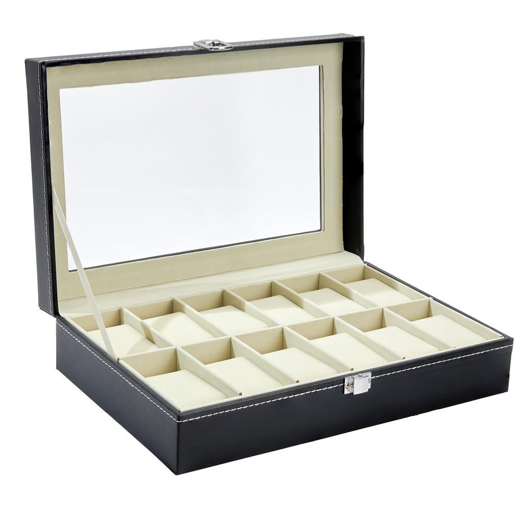 Ohuhu Watch Cases for Men, Watch Box Watch Holder Watch Organizer Display Storage 12 Slot PU Leather Real Glass Lid Soft Velvet 