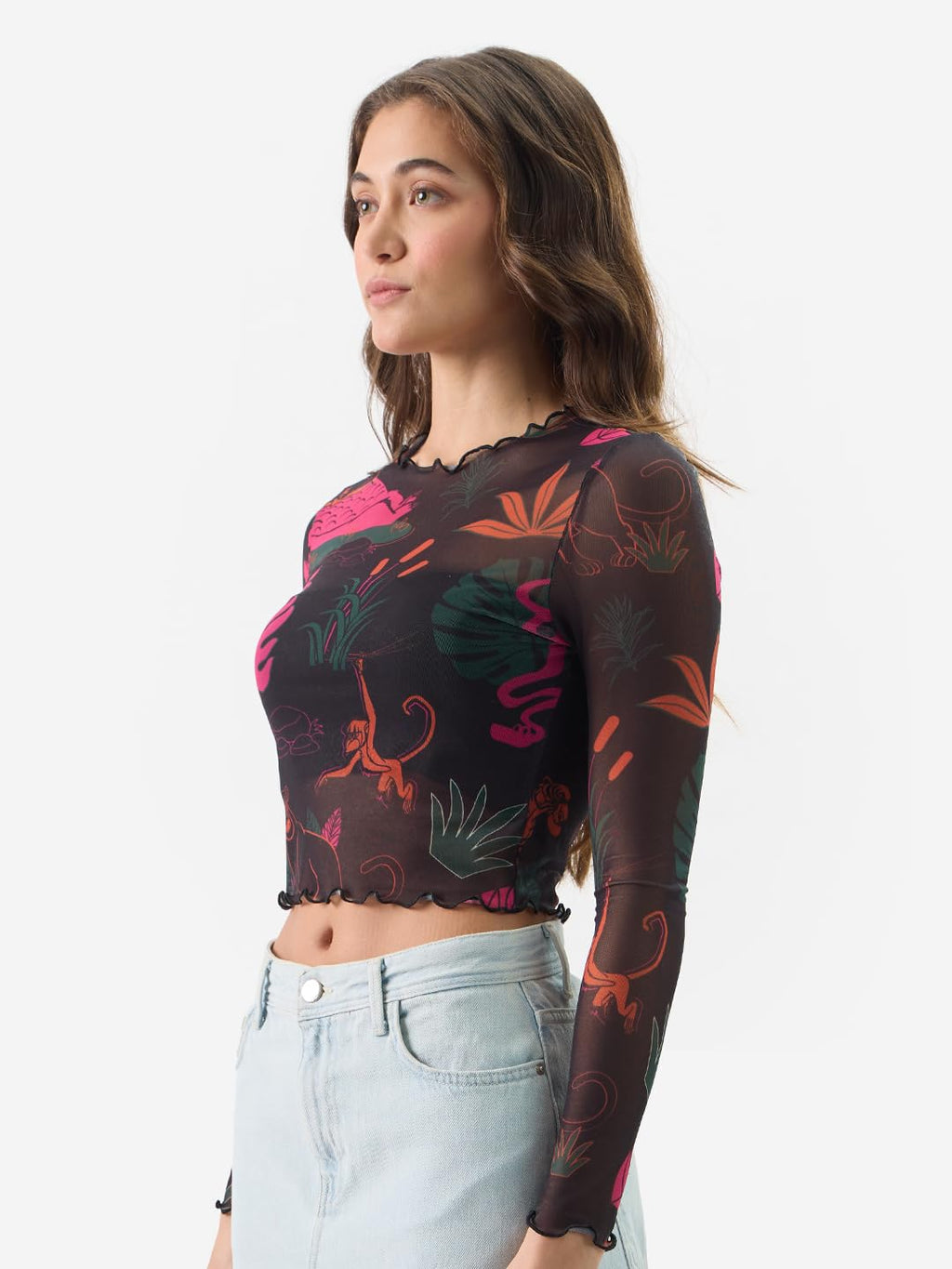 The Souled Store Official Mowgli & Friends Women and Girls Round Neck Full Sleeve Slim Fit Mesh Cropped Tops Black