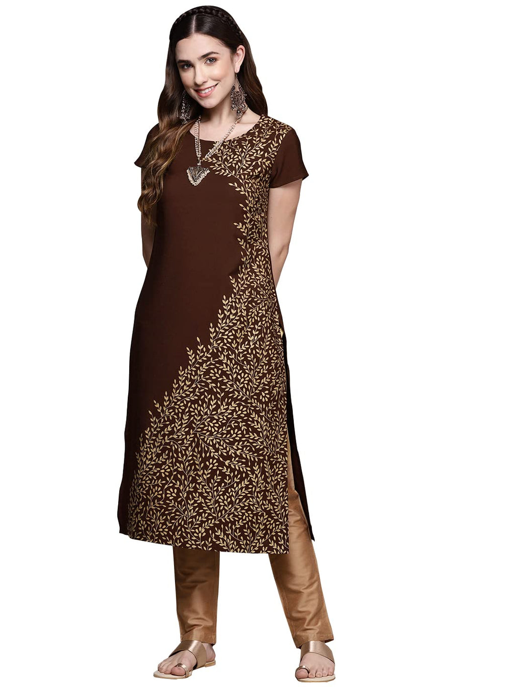 Ziyaa Regular Women'S Brown Crepe Straight Kurta (Zikucr1435-Brown- L)