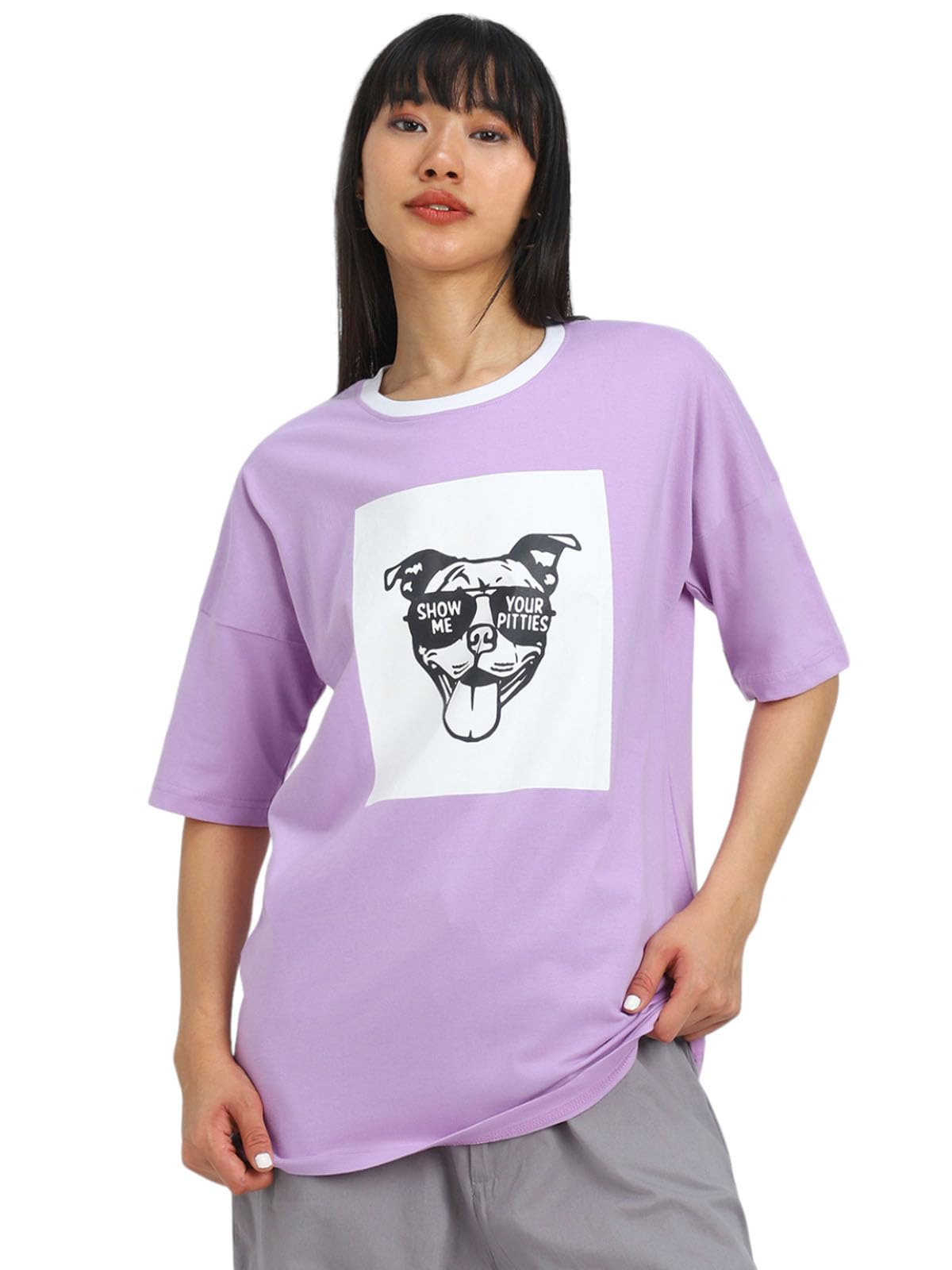 Juneberry Lavender Cotton Round-Neck T-Shirt With Chest Print For Women