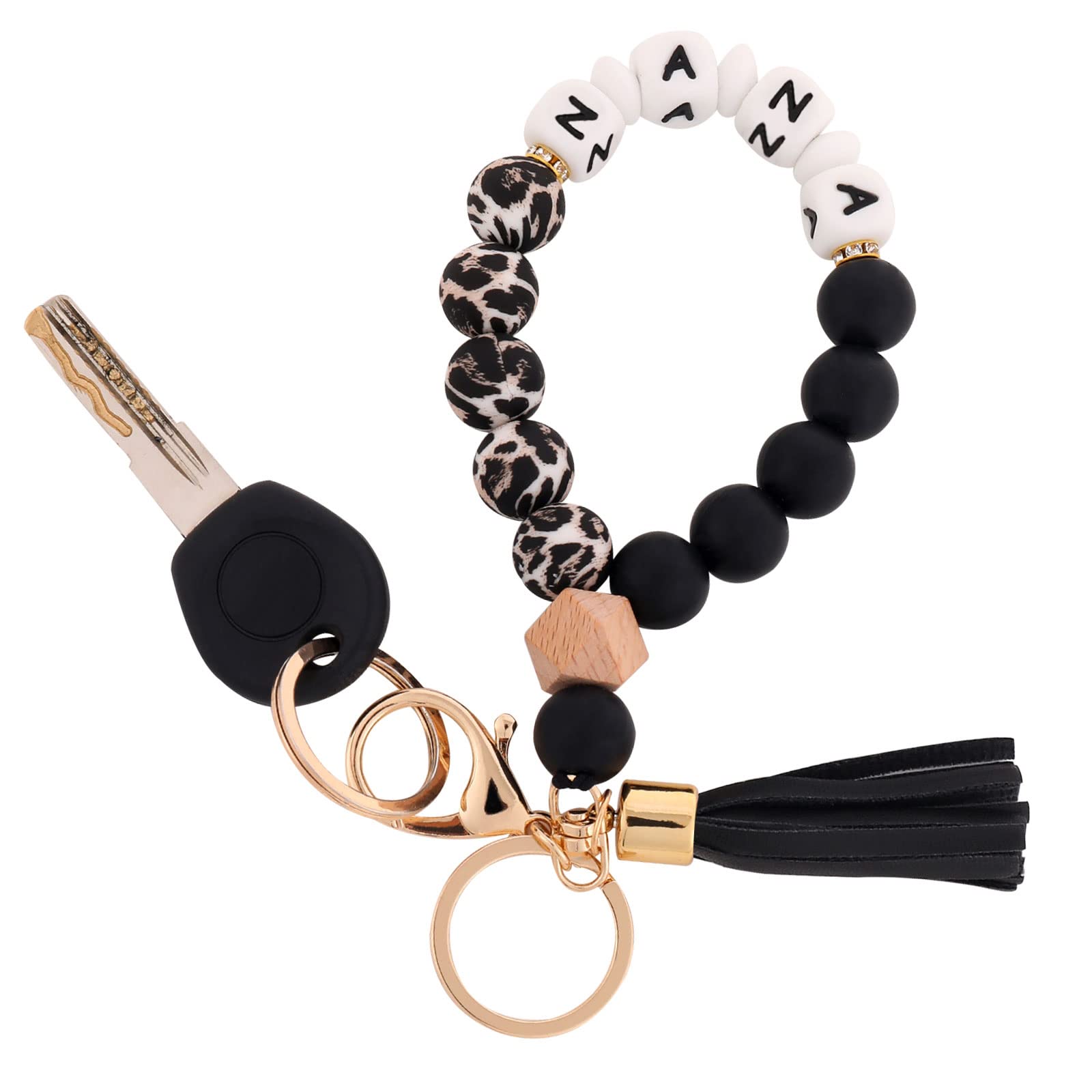 BAOSIWA Silicone Beaded Nana Key Chain Bracelet Wristlet Keyring Black Leopard Bangle Keychains Christmas Day Gifts for Women Gr